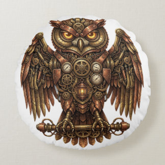 Coussins Ronds Oreiller mécanique Steampunk Chouette Bronze Antiq