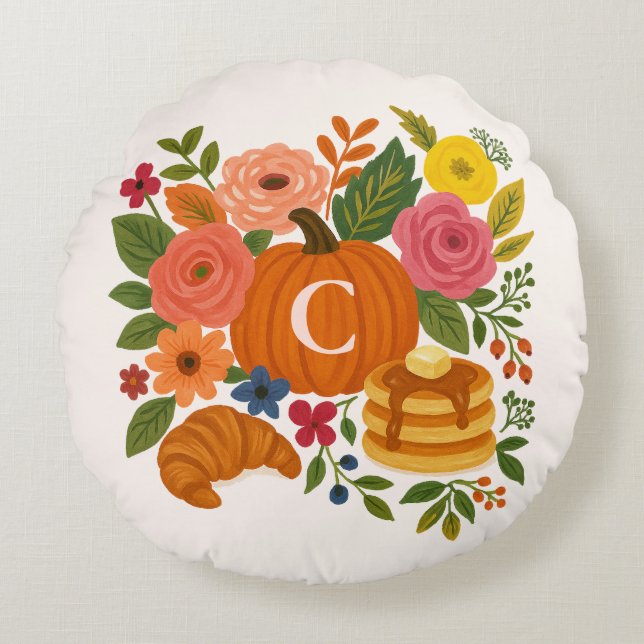Coussins Ronds Oreiller rond à monogramme floral de citrouille au (Devant)
