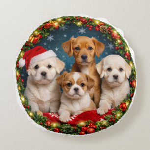 Coussins Ronds Oreiller rond de Noël avec un adorable chiot