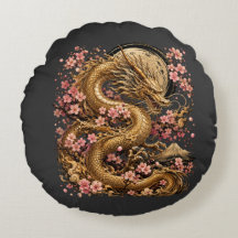 Oreiller Rond Majestueux Dragon Doré avec Sakura B