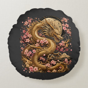 Coussins Ronds Oreiller Rond Majestueux Dragon Doré avec Sakura B