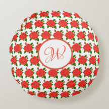 Oreiller rond monogramme aux roses rouges avec bou
