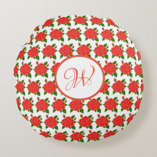 Coussins Ronds Oreiller rond monogramme aux roses rouges avec bou