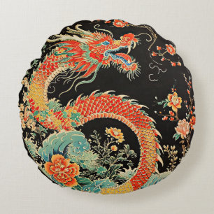 Coussins Ronds Oreillers à lancer rond de dragon rouge