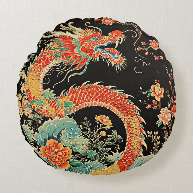 Coussins Ronds Oreillers à lancer rond de dragon rouge (Devant)
