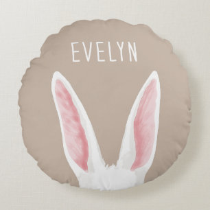 Coussins Ronds Oreilles de lapin blanc mignon sur fond beige avec