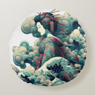 Coussins Ronds Oriental abstrait Geisha Kanagawa vagues nuages