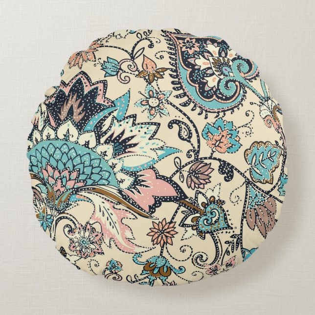 Coussins Ronds Oriental Paisley : Elégance Textile Stylisée. (Devant)