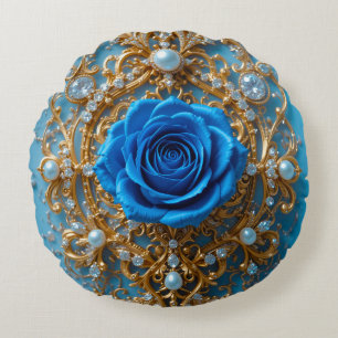 Coussins Ronds 💙 Ornement Rose Bleue Or pour Décoration de Maiso