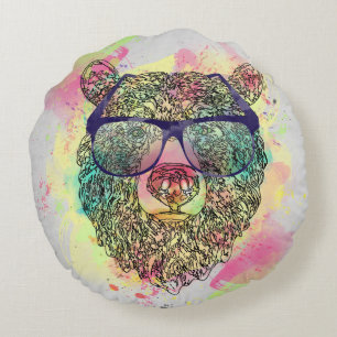 Coussins Ronds Ours d'aquarelle cool avec lunettes design