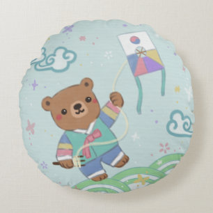Coussins Ronds Ours en peluche à Hanbok : Kite Flying