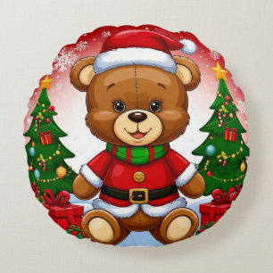 Coussins Ronds Ours en peluche adorable en costume de Père Noël