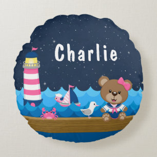Coussins Ronds Ours fille nautique rose et marine
