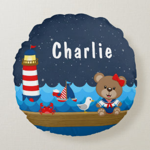 Coussins Ronds Ours fille nautique rouge et marine