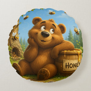 Coussins Ronds Ours mignon avec baril de miel et abeilles joyeuse