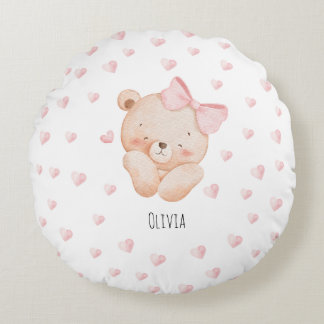 Coussins Ronds Ours mignon personnalisé avec des cœurs roses