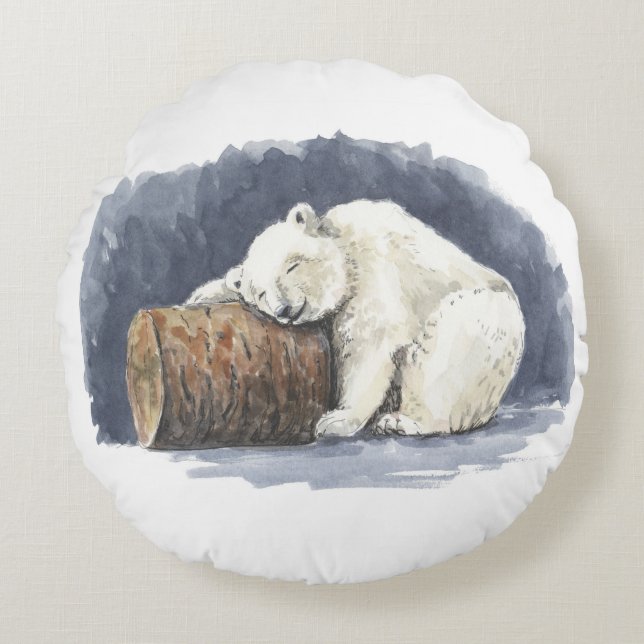 Coussins Ronds Ours polaire dormant, aquarelle (Devant)