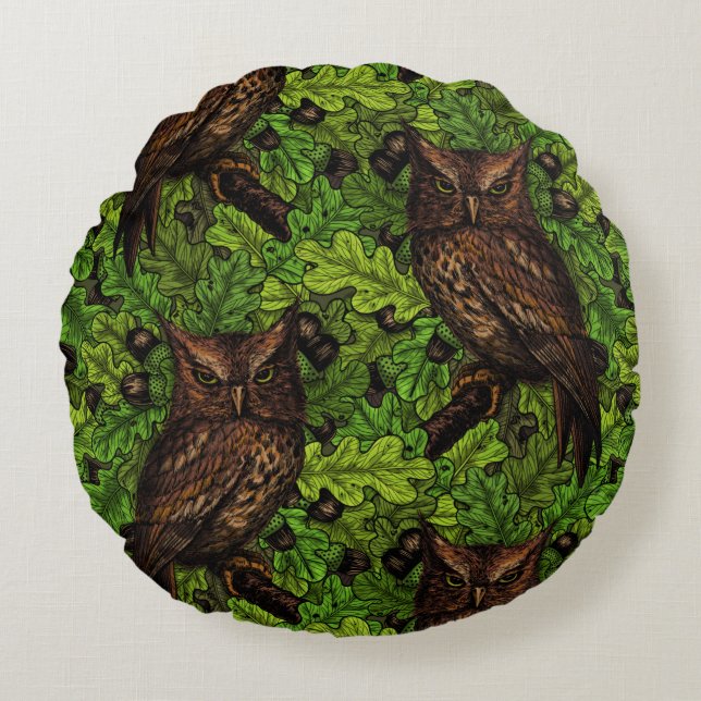 Coussins Ronds Owls in the oak tree, green and brown (Devant)