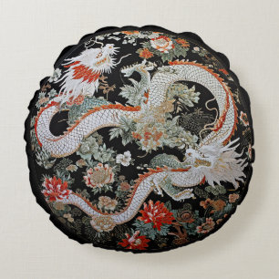 Coussins Ronds Paire de dragons d'Asie Blanche à lancer rond