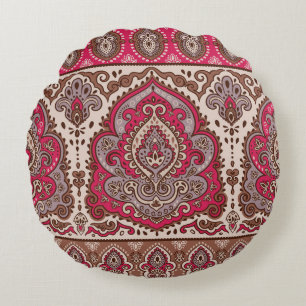 Coussins Ronds Paisley floral indien, motif de mandala ethnique.