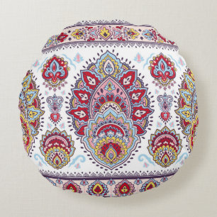 Coussins Ronds Paisley indien floral, médaillon ethnique.