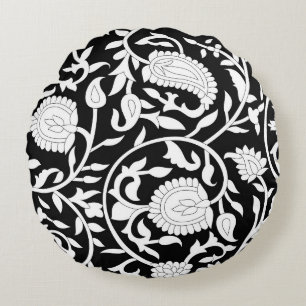 Coussins Ronds Paisley indien traditionnel motif sur noir et wi