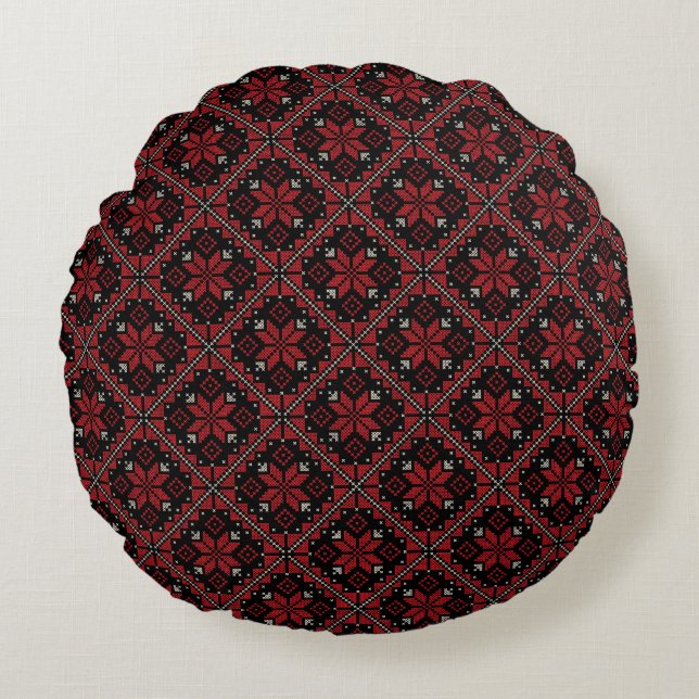 Coussins Ronds Palestine Broderie Tatreez Motif12 crm-rouge (Devant)
