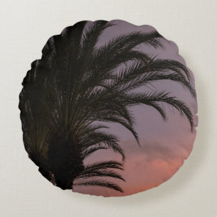 Coussins Ronds Palmier du coucher de soleil des Caraïbes rose vio