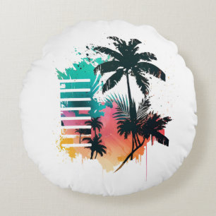 Coussins Ronds palmier multicolore de style rétro dessiné à la ma