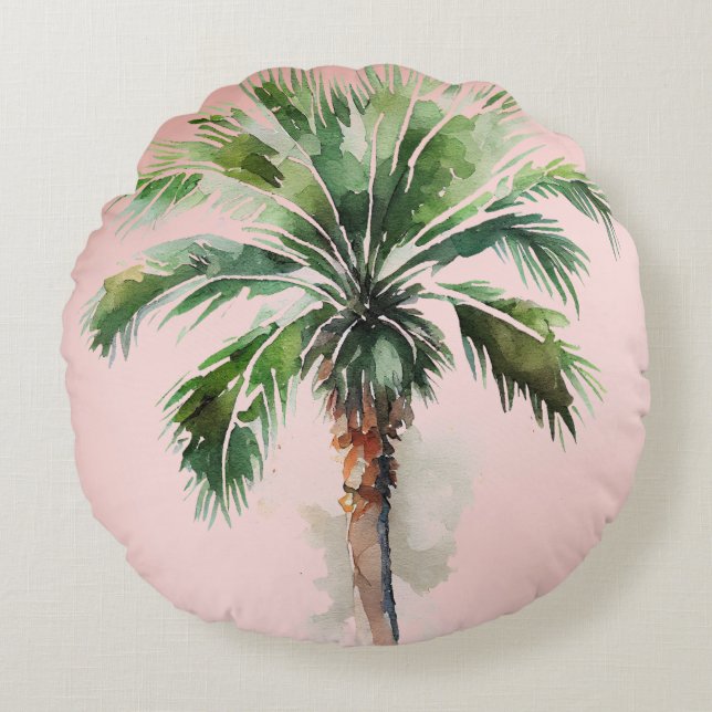 Coussins Ronds Palmier Tropical Rose-Brut (Devant)