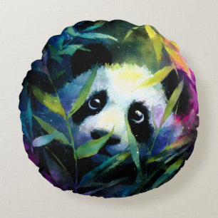 Coussins Ronds Panda Peeking Bamboo Aquarelle