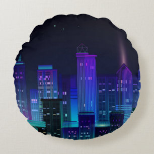 Coussins Ronds Panorama de la ville de nuit avec lumière néon sur