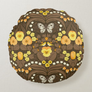 Coussins Ronds Pansies jaunes, oiseaux et papillons
