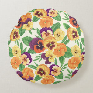Coussins Ronds Pansies sur blanc cassé