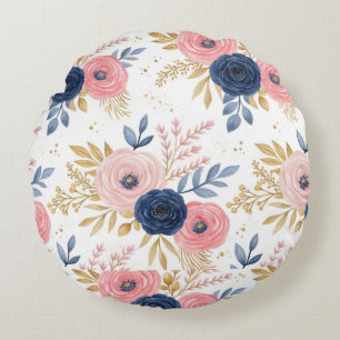 Coussins Ronds Papier d'emballage floral rose pastel et bleu mari