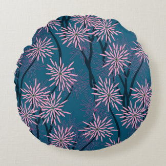 Coussins Ronds Papier peint floral : bleu marine asiatique, rose.
