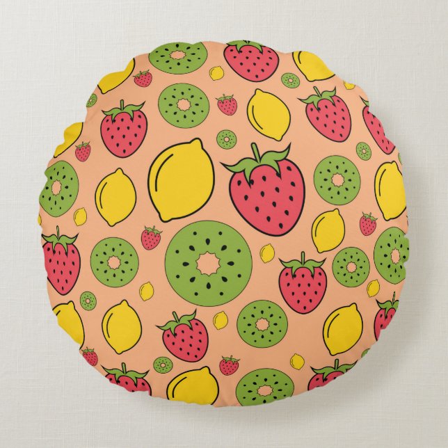 Coussins Ronds Papier peint fraise, citron et kiwi (Devant)