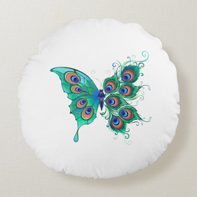 Coussins Ronds Papillon aux plumes de paon vert (Devant)