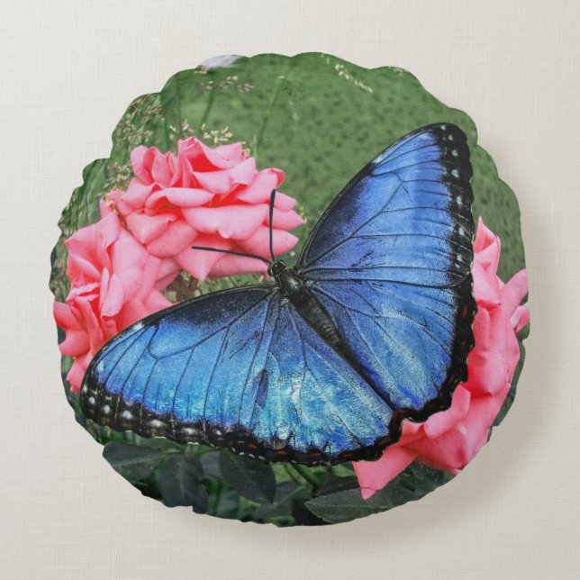 Coussins Ronds Papillon bleu Morpho Floral Nature Art (Devant)