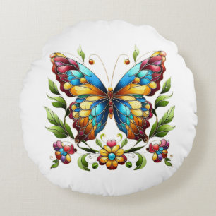 Coussins Ronds Papillon en vitrail coloré avec fleurs