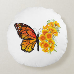 Coussins Ronds Papillon Fleur avec Pavot de Californie Jaune