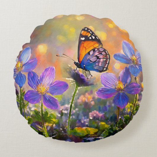Coussins Ronds Papillon minuscule sur les Fleurs sauvages au leve (Devant)