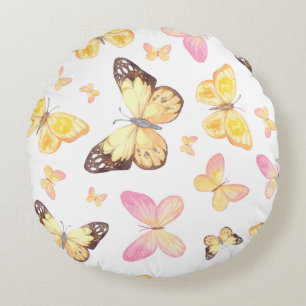 Coussins Ronds Papillon motif aquarelle jaune et rose
