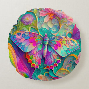 Coussins Ronds Papillon psychédélique coloré et fleurs