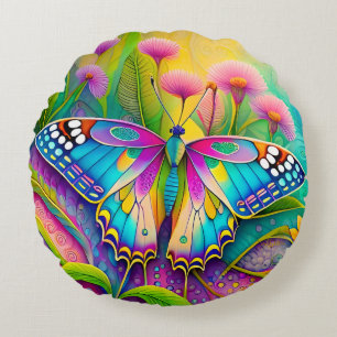 Coussins Ronds Papillon Psychédélique Coloré et Fleurs Sauvages 
