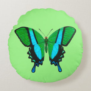 Coussins Ronds Papillon Swallowtail en vert, turquoise et noir