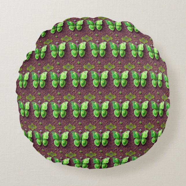 Coussins Ronds Papillon vert en optique 3D (Devant)