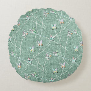 Coussins Ronds Papillons à l'aquarelle sur fond vert menthe