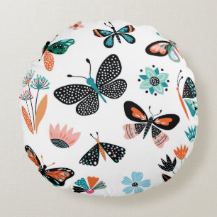 Coussins Ronds Papillons et fleurs, collection dessinée à la main