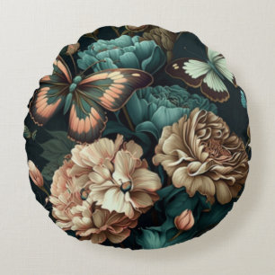 Coussins Ronds Papillons et fleurs design classique foncé